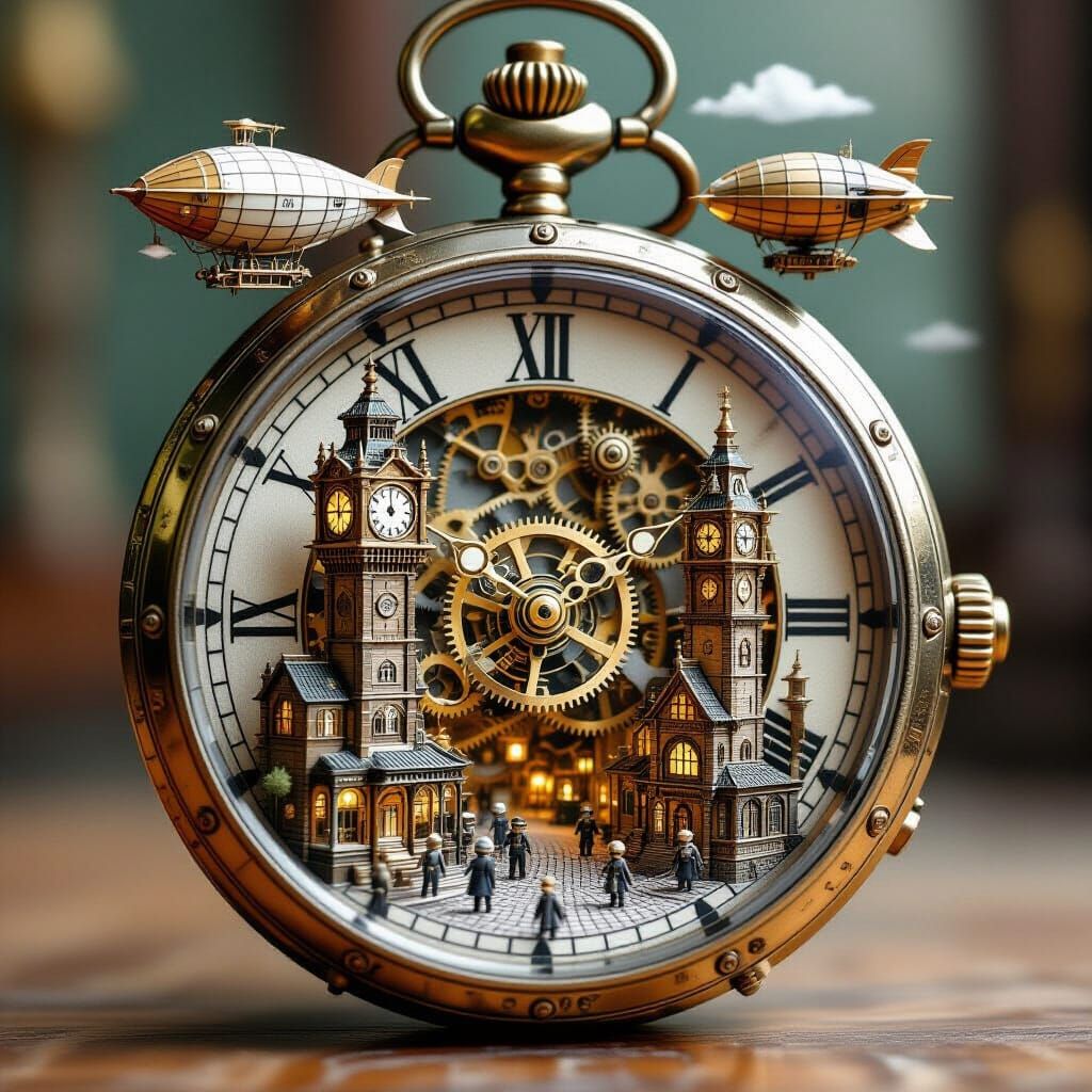 envision a miniature steampunk city built inside an antique pocket watch. Tiny gears and cogs turn, powering ...  by @Cedric lacrambe