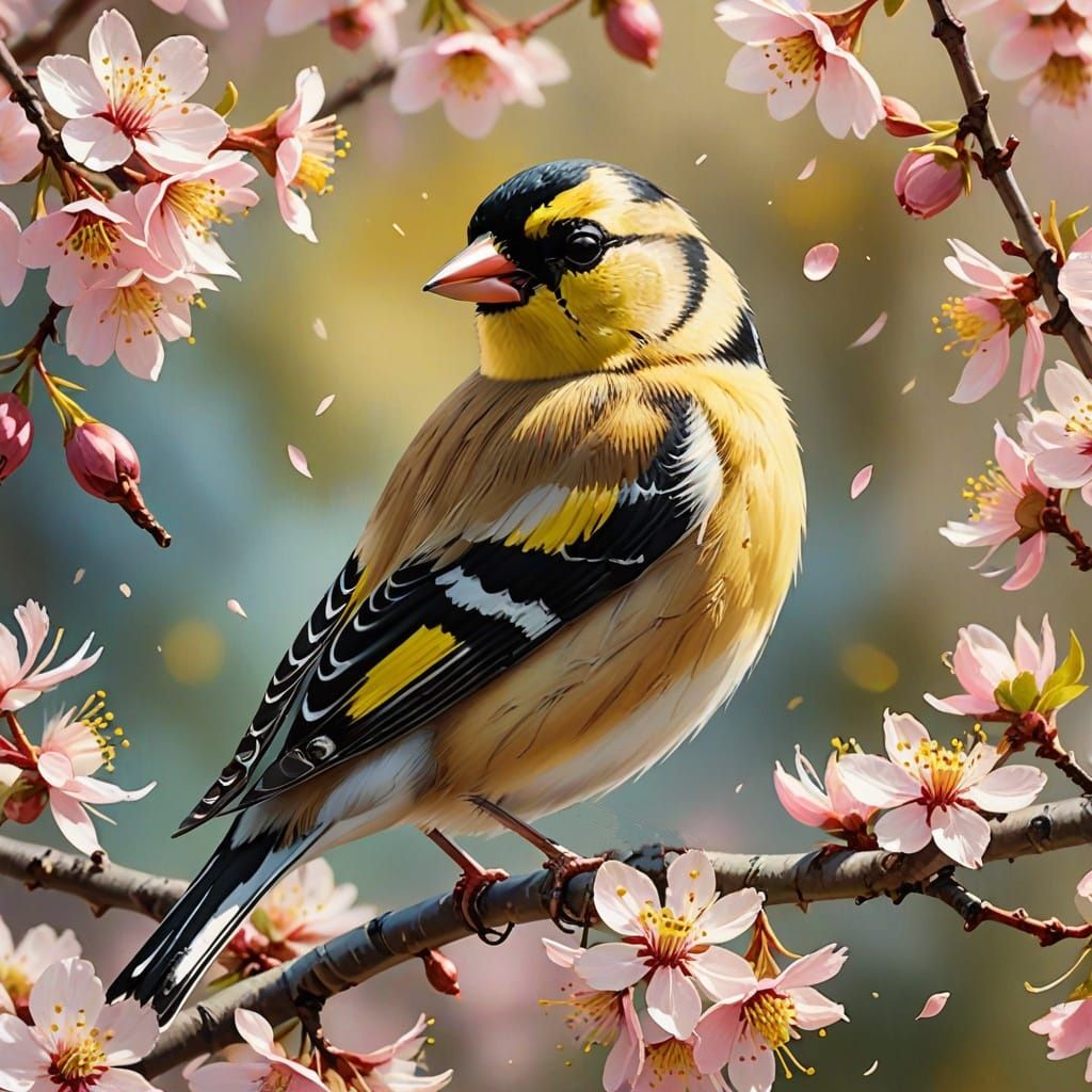 Goldfinch amoung cherry flowers