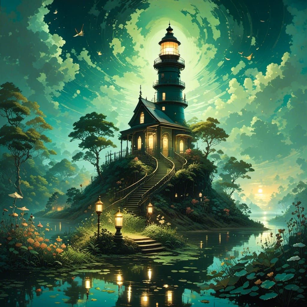  <lora:Anime fantasy:1.0> beautiful ethereal pond lighthouse