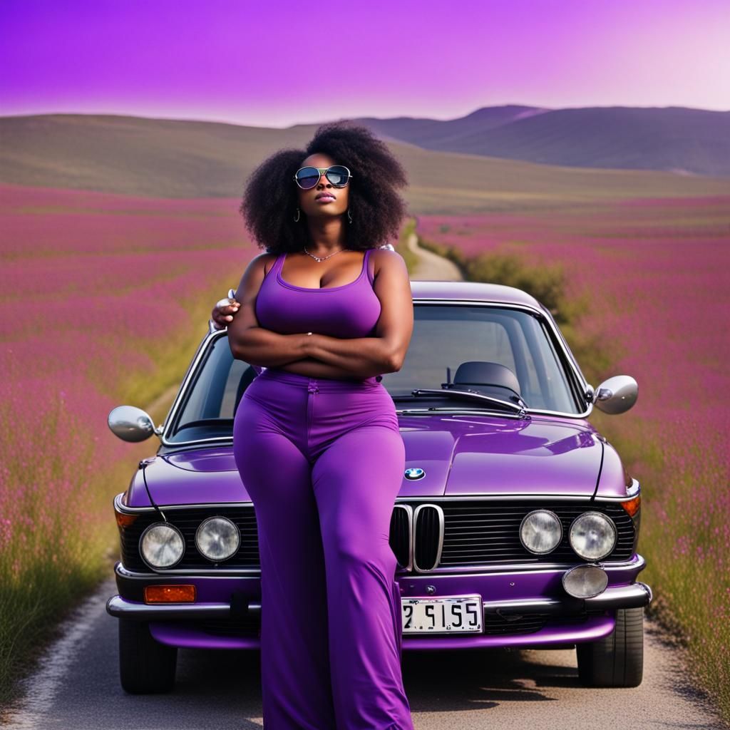 a curvy woman, dark-skinn, with with thick shoulder length curls, dressed in shades of purple, standing on the side of t...
