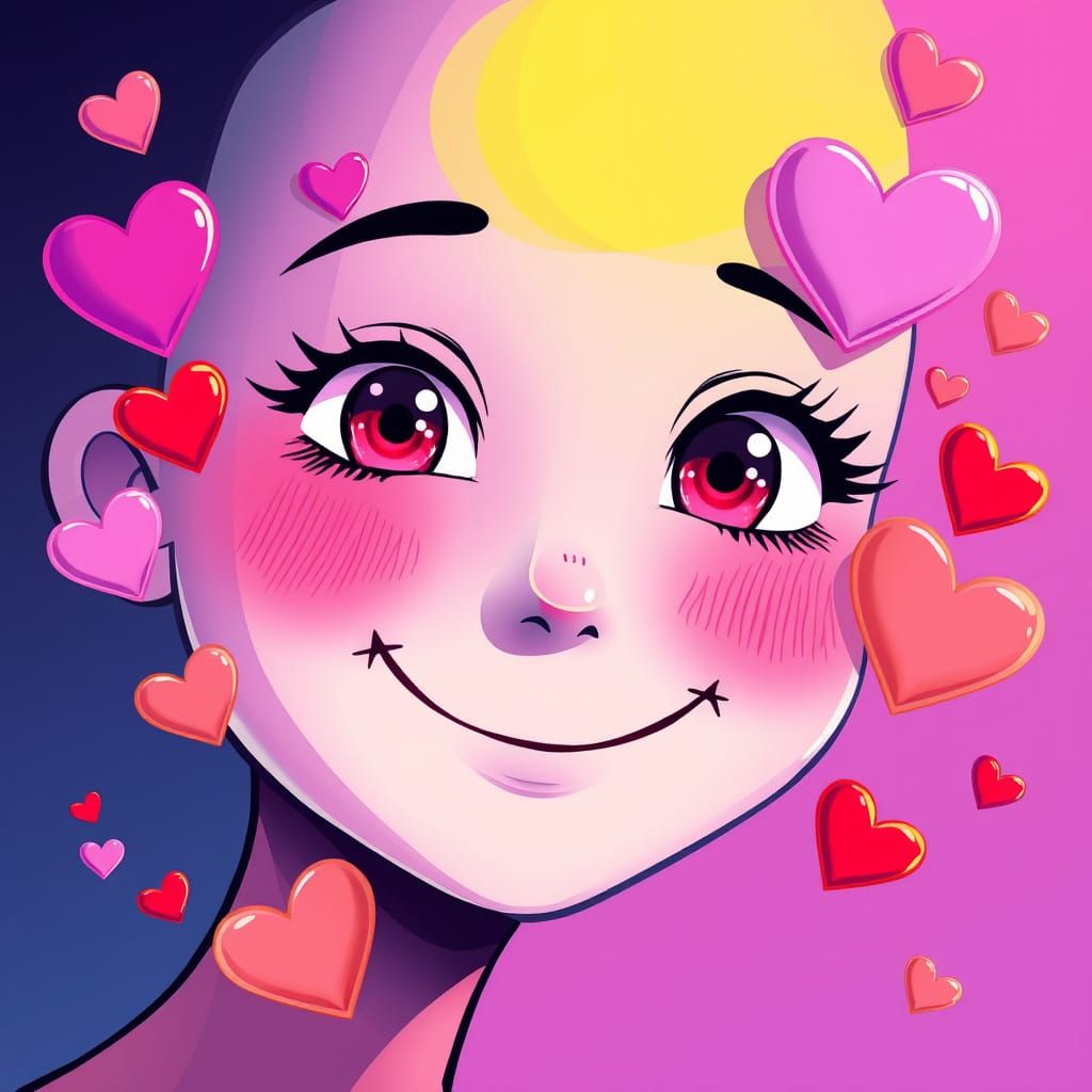 Vibrant Digital Portrait of a Smiling Face with Floating Hea...