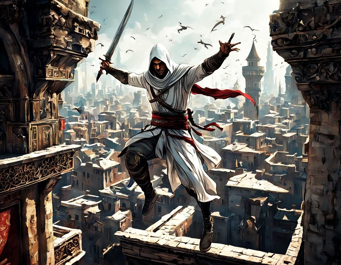 Illustrate Altair Ibn-La'Ahad in a stealthy leap from a medi...