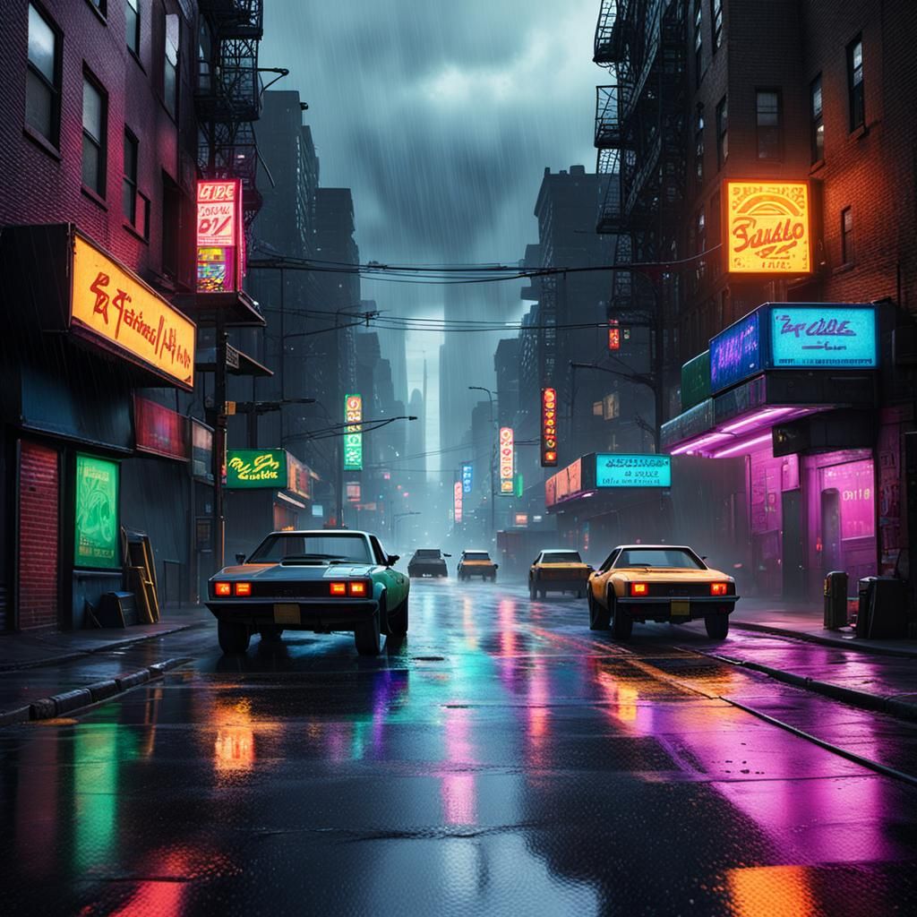 Bronx Street Scene After Rain in Cyberpunk Style