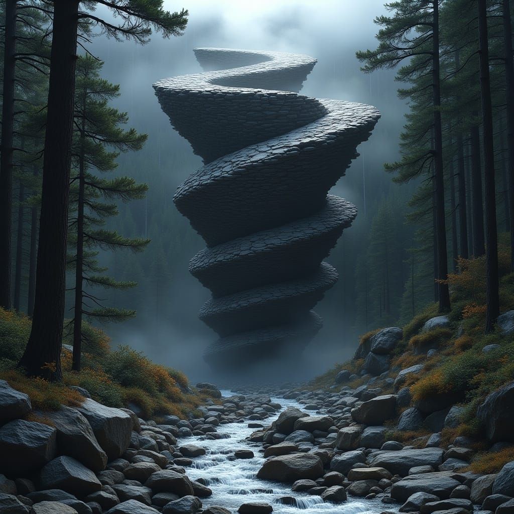 <lora:Swirling Stones v2:1.0> A tornado made of stone and debris is spiraling in the forest, creating an ethereal atmosphere. The vortex fo...