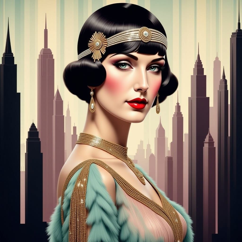 Art Deco cinema poster. Medium shot. A charismatic actress stands in front of a stylized cityscape. Close-up. Inspired by the works of Cassa...