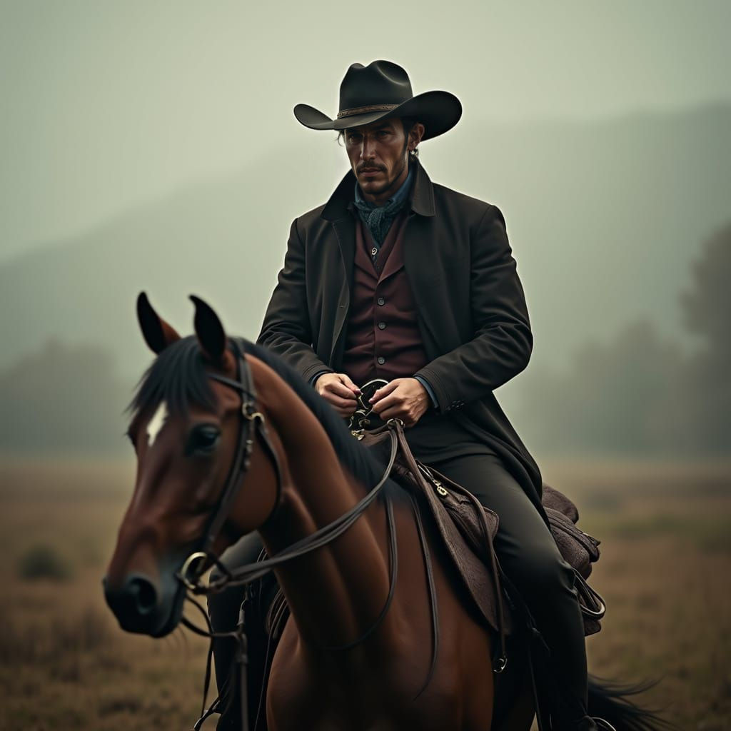 A cowboy with a hat on a horse. intricate details, HDR, beautifully shot, hyperrealistic, sharp focus, 64 megapixels, perfect composition, h...