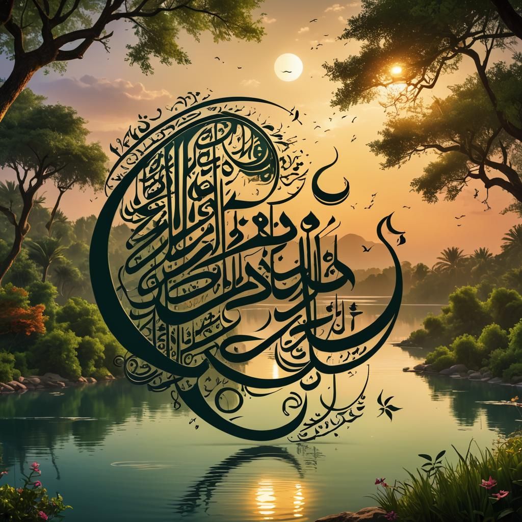 Islamic Calligraphy and Serene Nature Scenes:"Beautiful Islamic calligraphy with a background of serene nature scenery.""Elegant Arabic call...