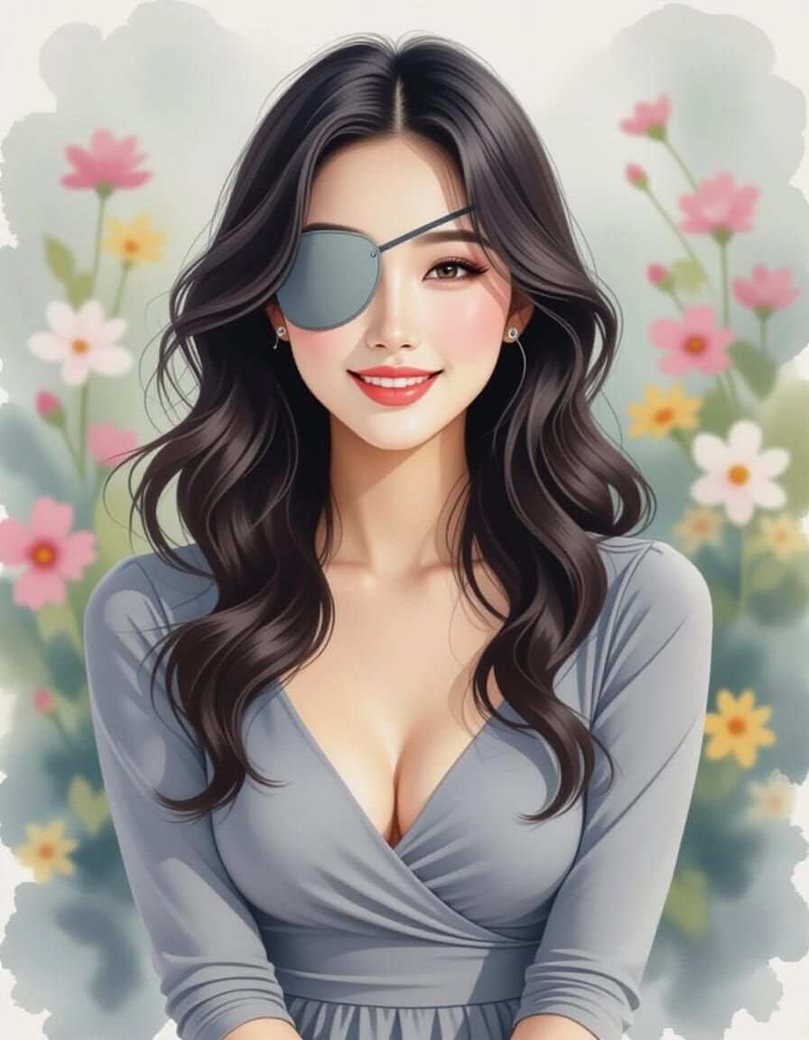 Watercolor portrait of a gorgeous Asian eyepatch girl with wavy black hair in matte grey outfit