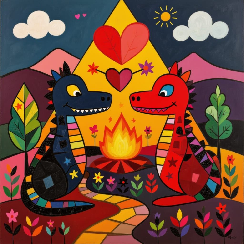 <lora:PYRAMID FLORA:1.0> A romantic couple of small cute black and red crocodilian demonic lava creatures with a volcano erupting love heart...