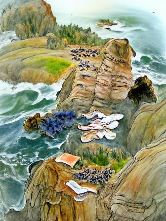 bird's eye view of rocky cliffs on the coast, frothing waves...