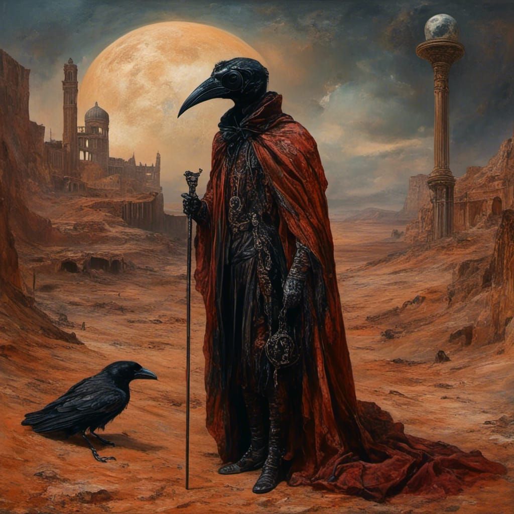 <lora:Mars Masquerade:1.0> A man with a suit and a cane wearing a Venetian masquerade style mask resembling the head of a raven on post-apoc...