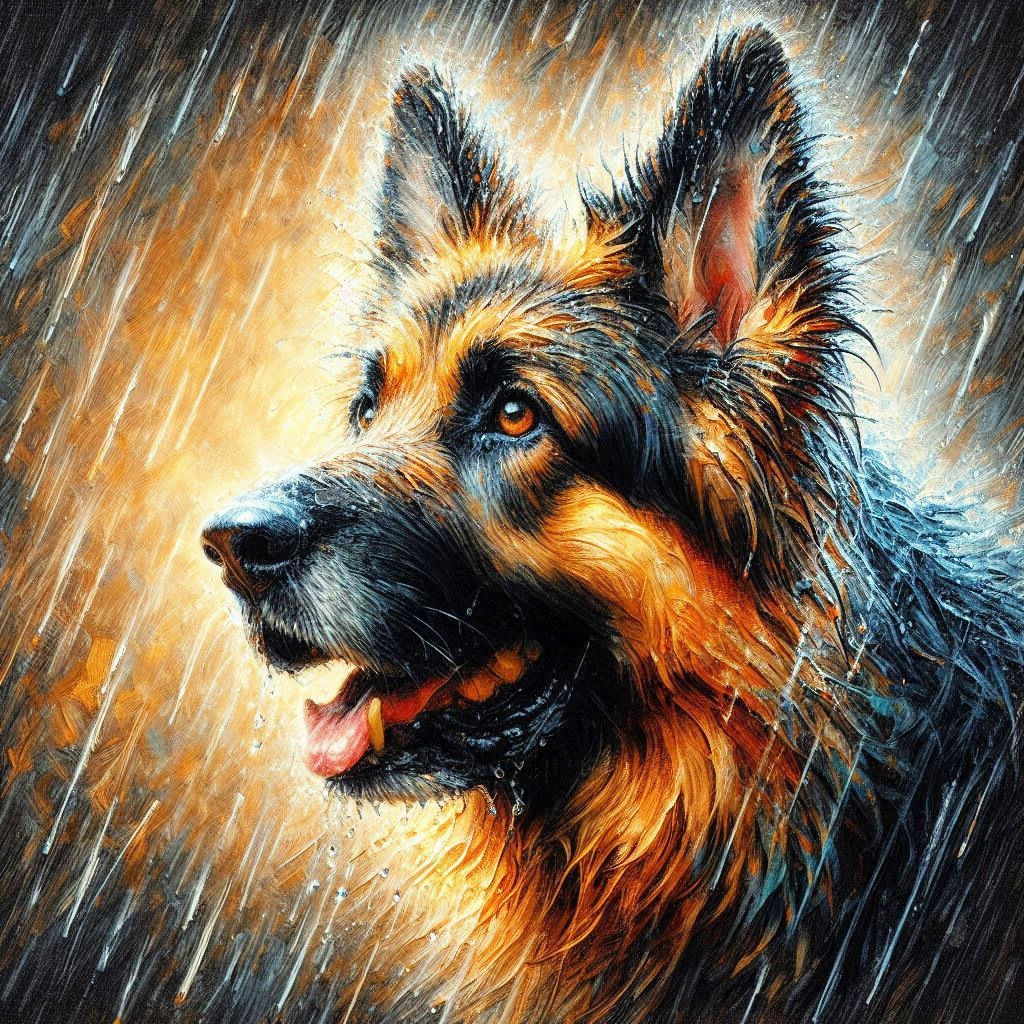 A german shepherd in the rain