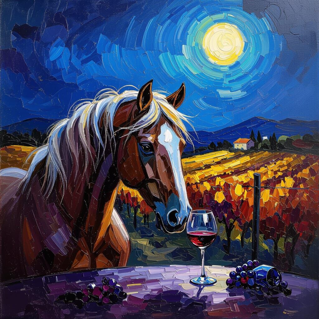 Drunk Horse in Moonlit Vineyard, Impasto Oil Painting