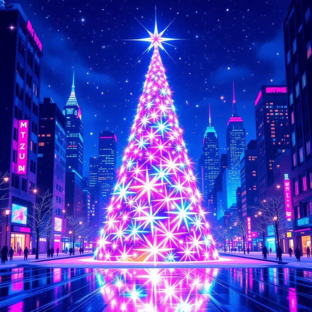 Create Crystal Chrismas inThe Big City -the tree should be from beautiful crystals sparking different neon colors surrounded with the big ci...