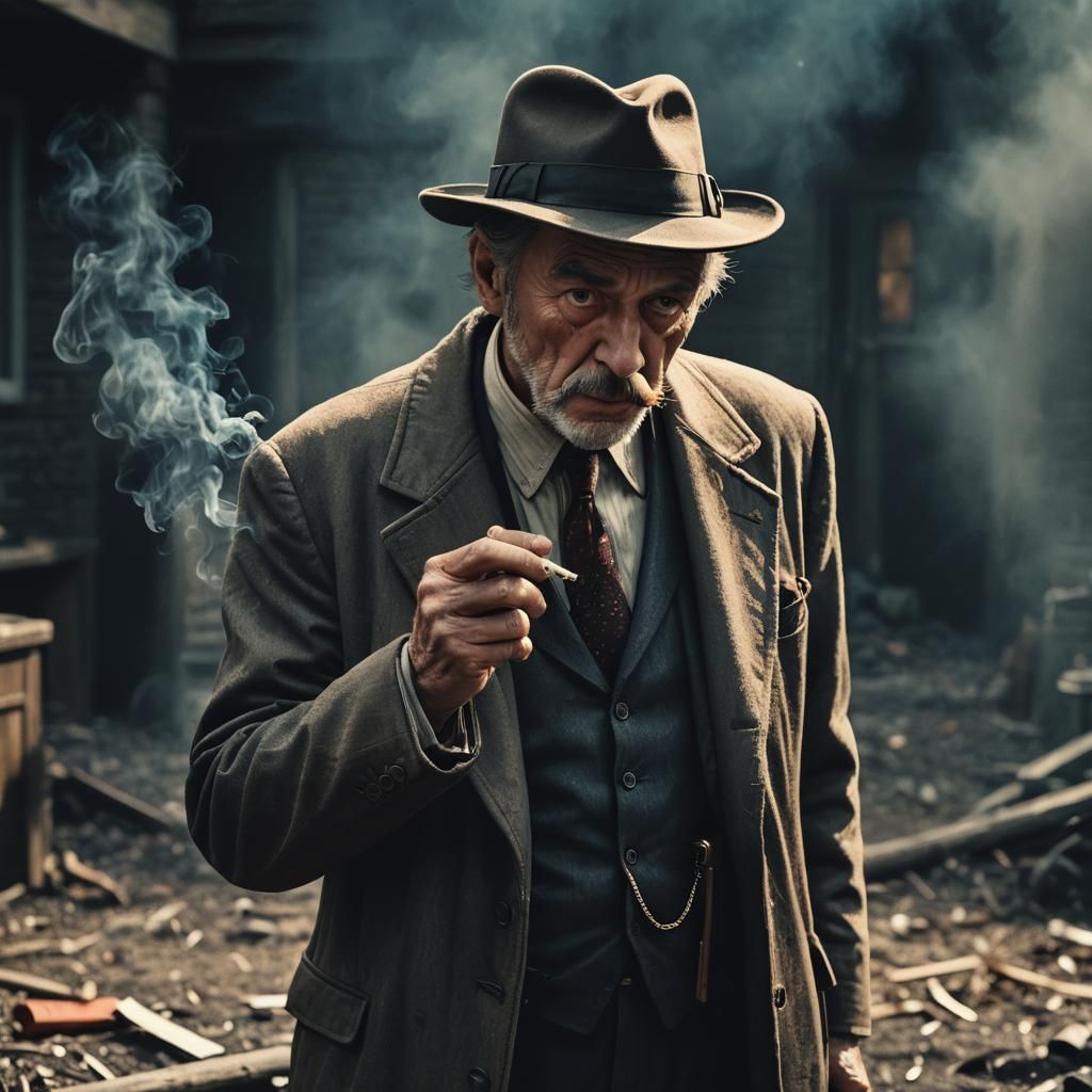A wizened detective puffs on his cigarette whilst investigat...