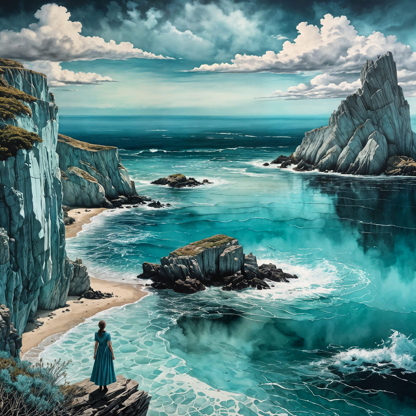 Aquamarine Ocean Cove: Surreal Monochromatic Landscape