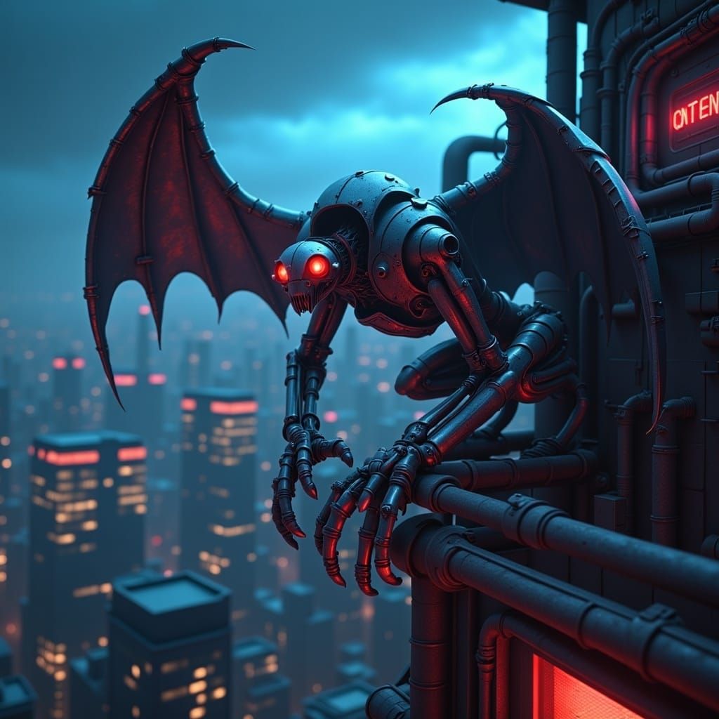 Mechanical gargoyle perched atop a futuristic apartment building at night.