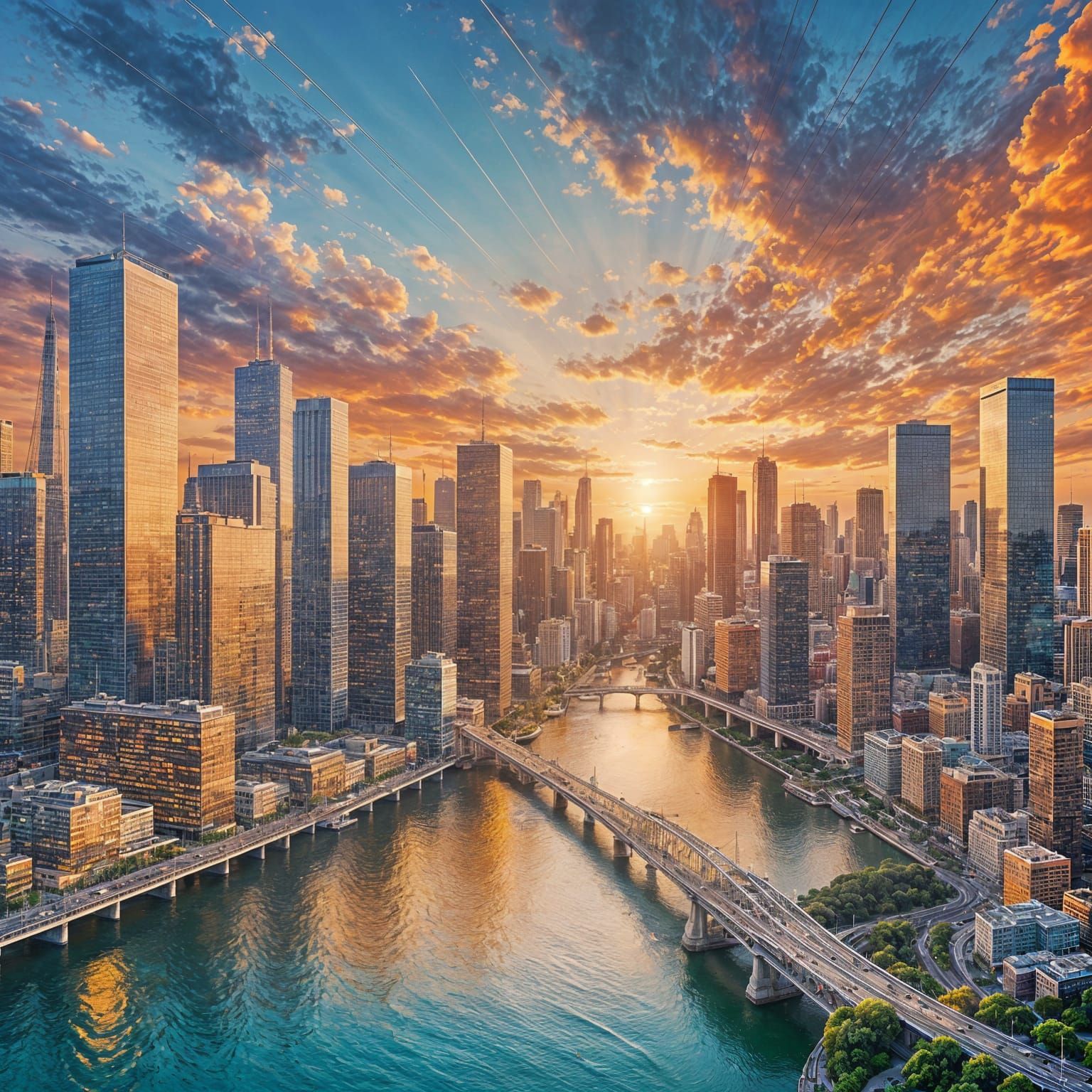 Modern Cityscape Bridge at Golden Hour Sunset