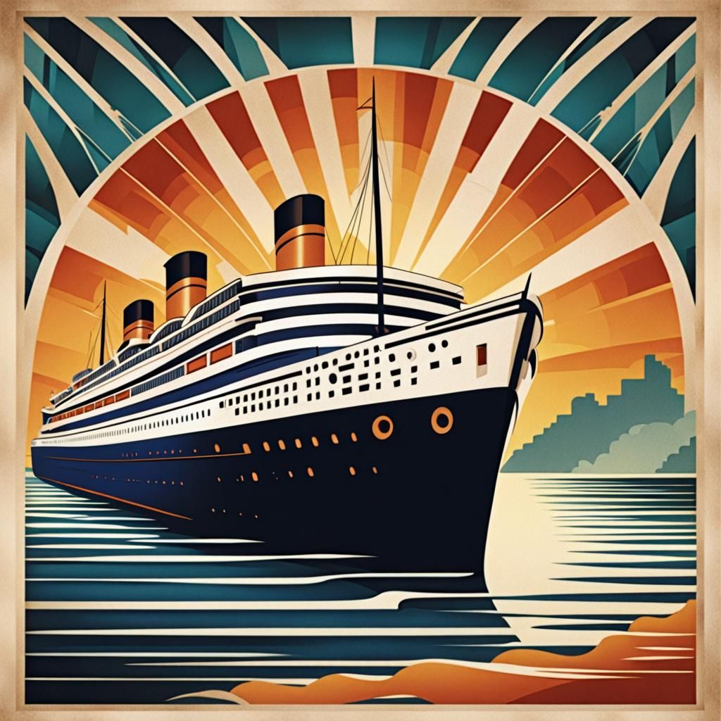 16k resolution, Art Deco poster art, stylish ocean liner, streamlined ...