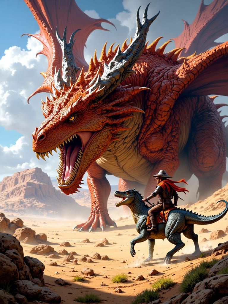Dragon facing a fearless warrior riding a pet dinosaur