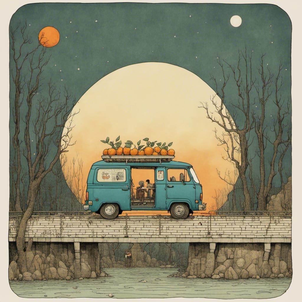 Orange Van on Bridge: Quirky Illustration