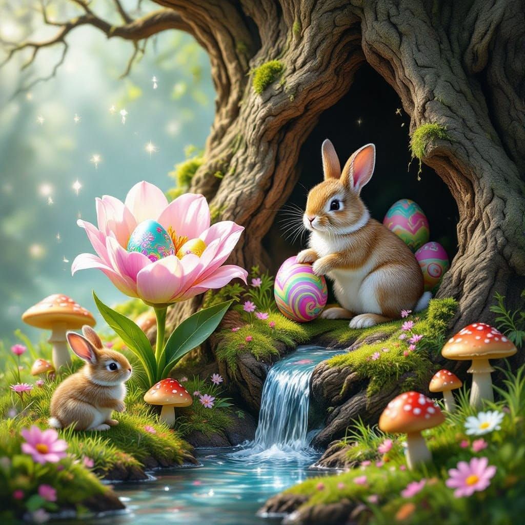 Colorful Easter Eggs being hidden by  the Easter Bunny in a freshly opening flower, on top of mushroom ...  by @  debster