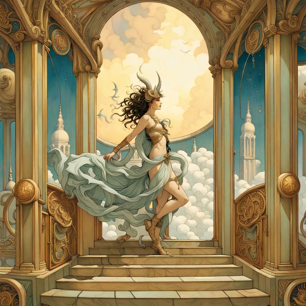 Celestial unicorn queen climbs stairs to the cloud city, Mic...
