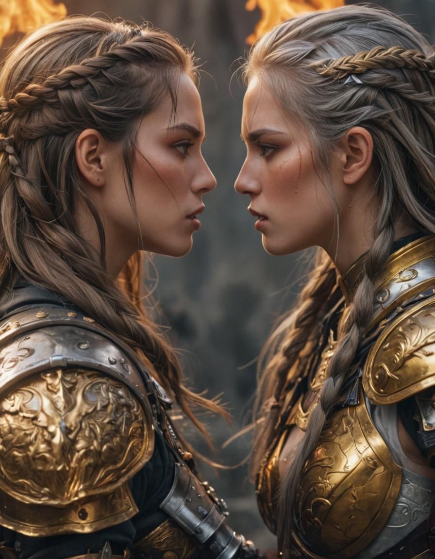Anime Deep vibrant colours 2 Female warriors kissing during a battle. long braided hair, armour of gold and silver. Feisty eyes glimmer from...