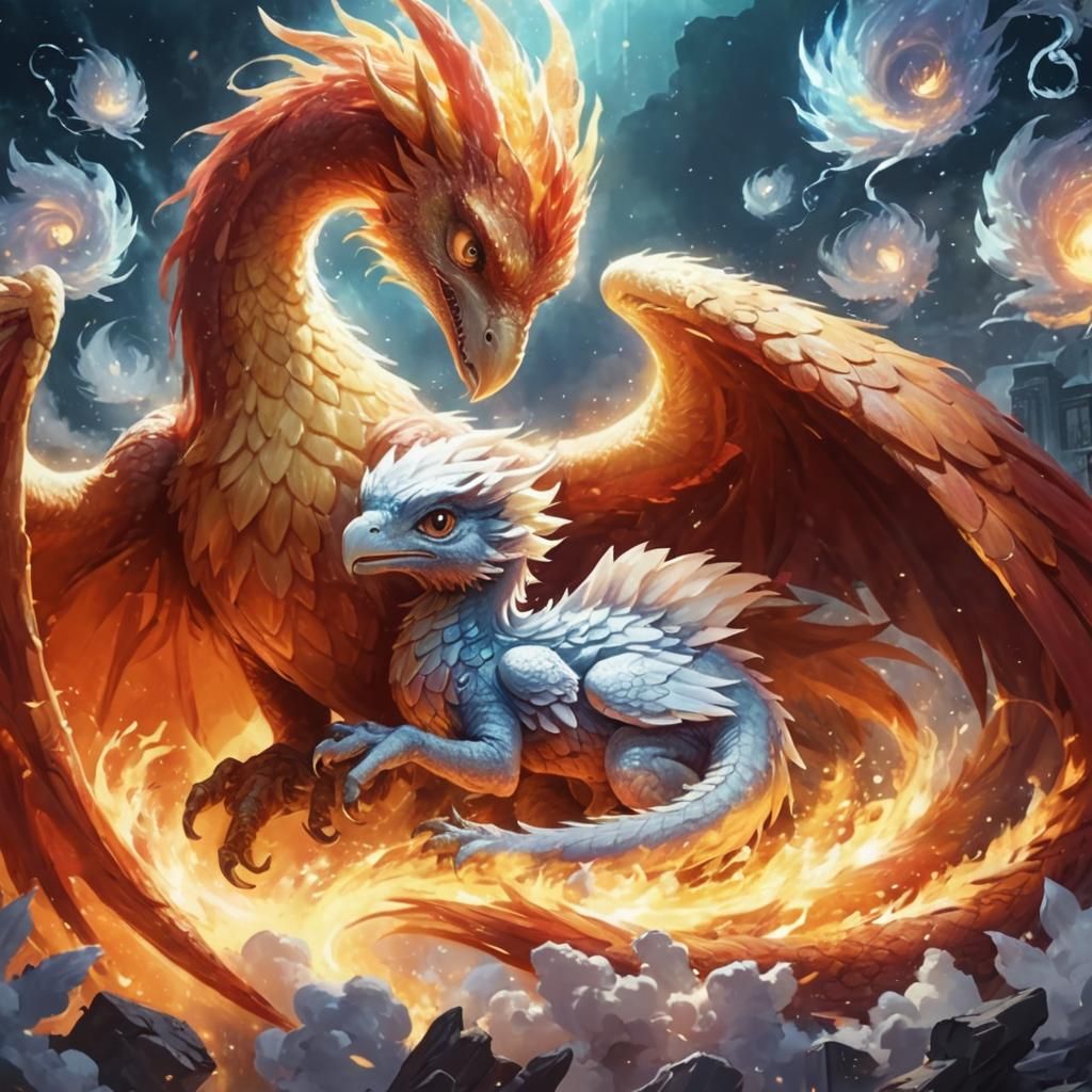 Phoenix protecting a baby dragon/griffon hybrid