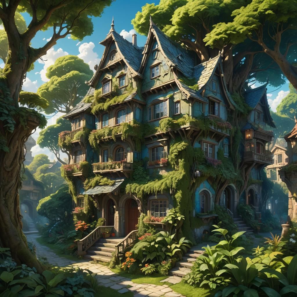 Lush Cityscape: A Detailed Fantasy Matte Painting