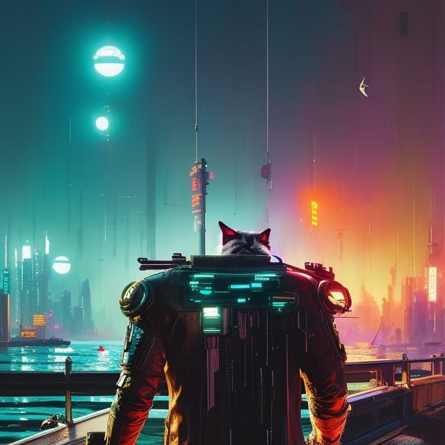 "The cat and the ocean at night", cyberpunk 2099, Ismail Inc...
