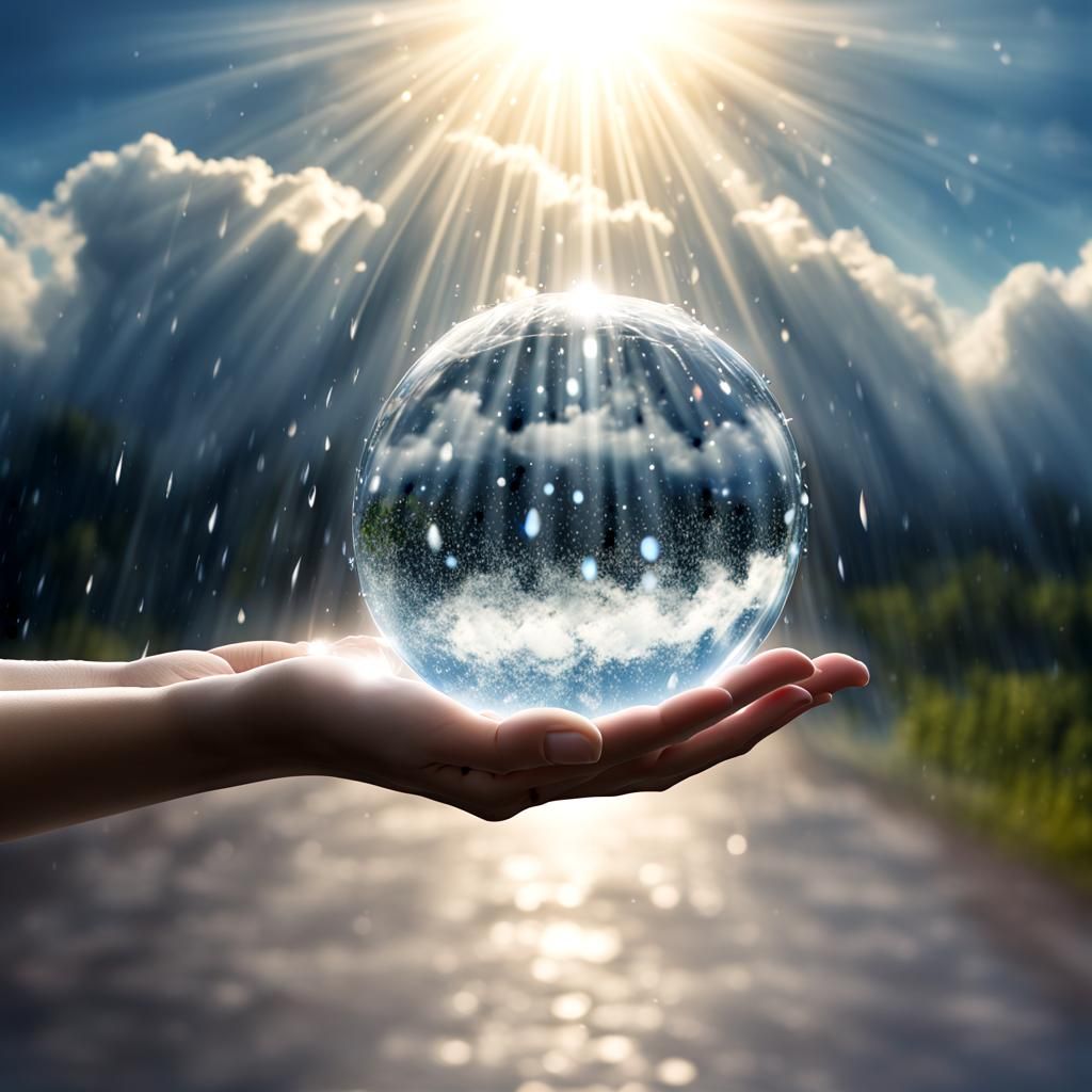 Glass Hands Reflected in Raindrop