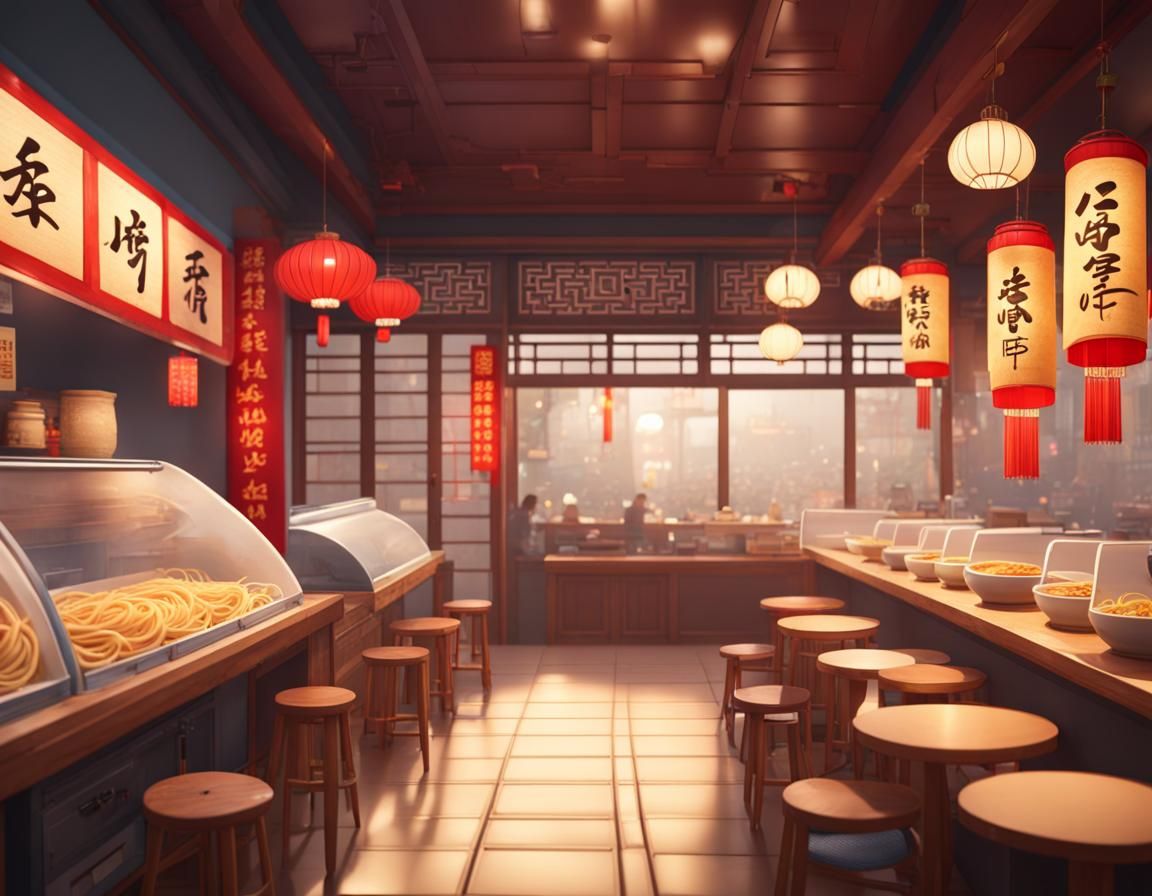 Chinese noodle shop interior, 4k Hyperdetailed, cozy, AI Generated