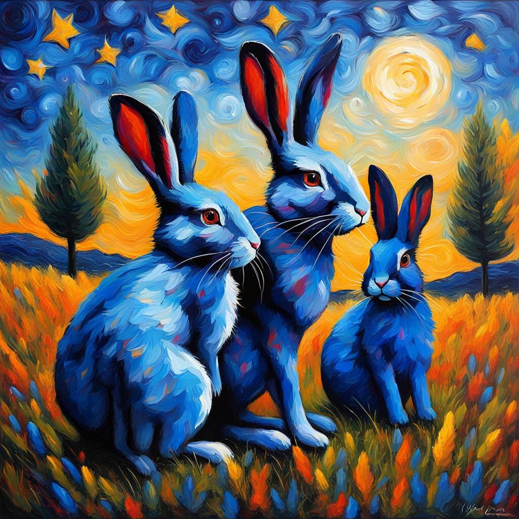 Starry night rabbits blue - AI Generated Artwork - NightCafe Creator