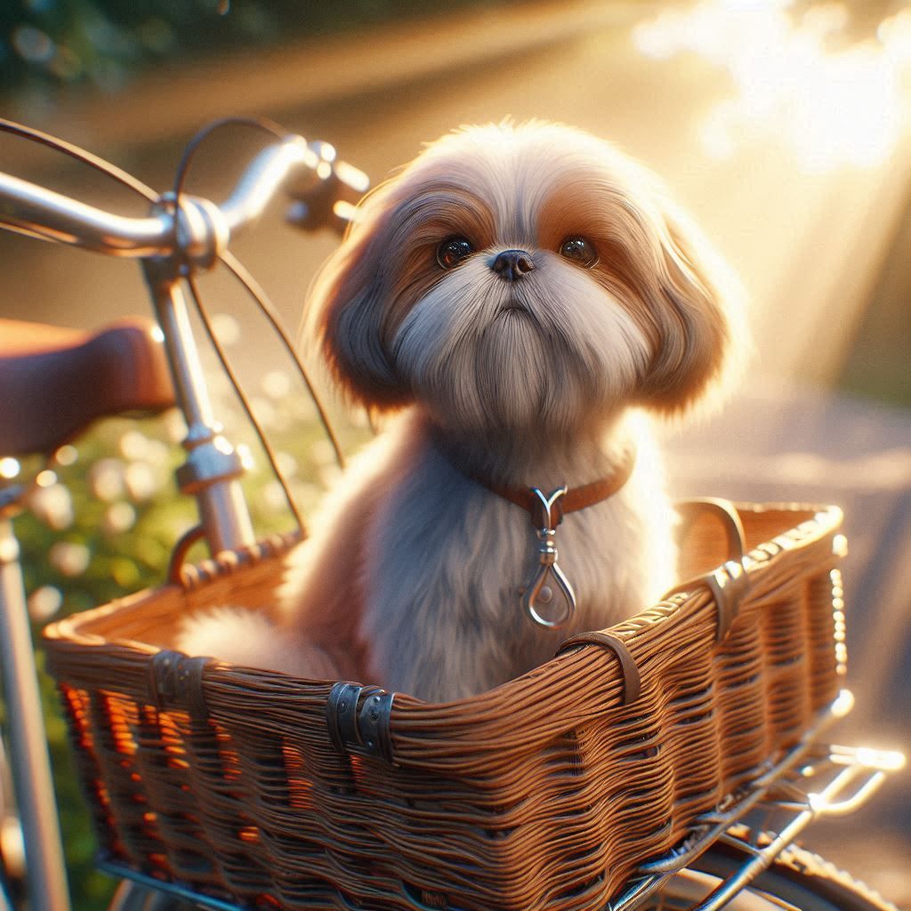 Shih-Tzu in a Basket on the Front of a Bicycle
