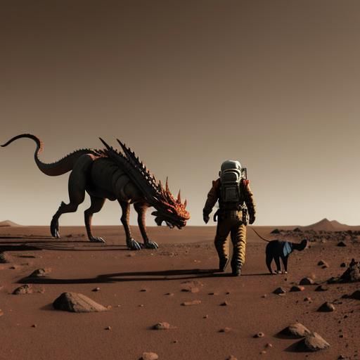 dragon walking a dog on Mars