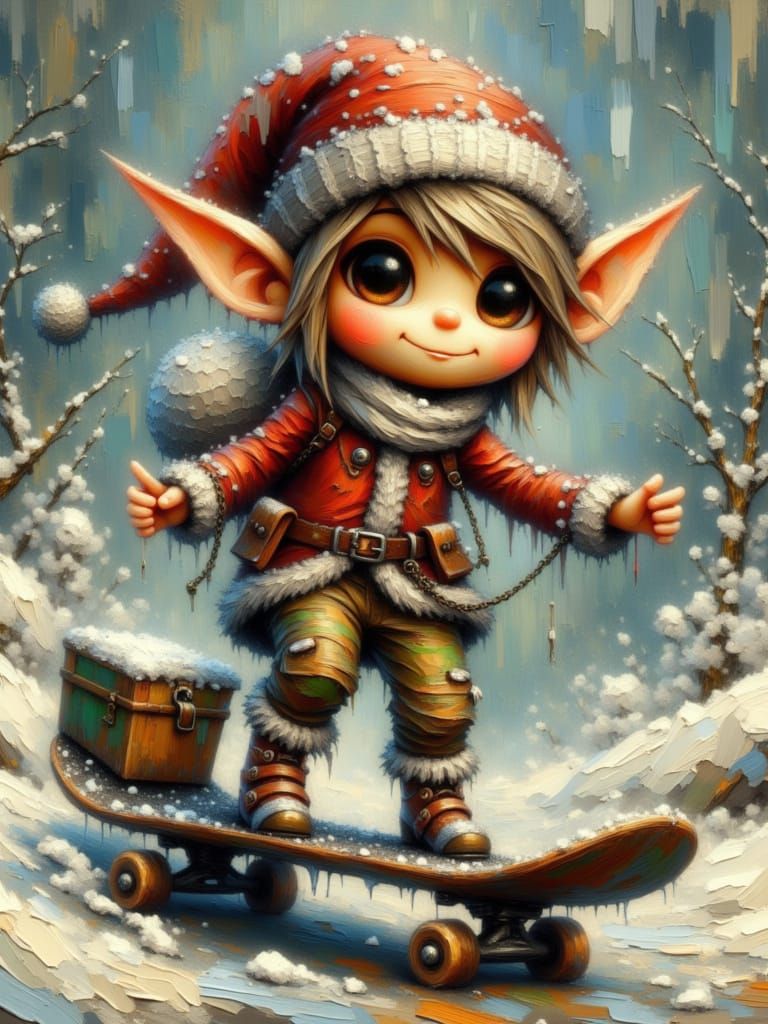 <lora:HRH-oil-and-grunge:1.0> Cute elf on a skateboard
