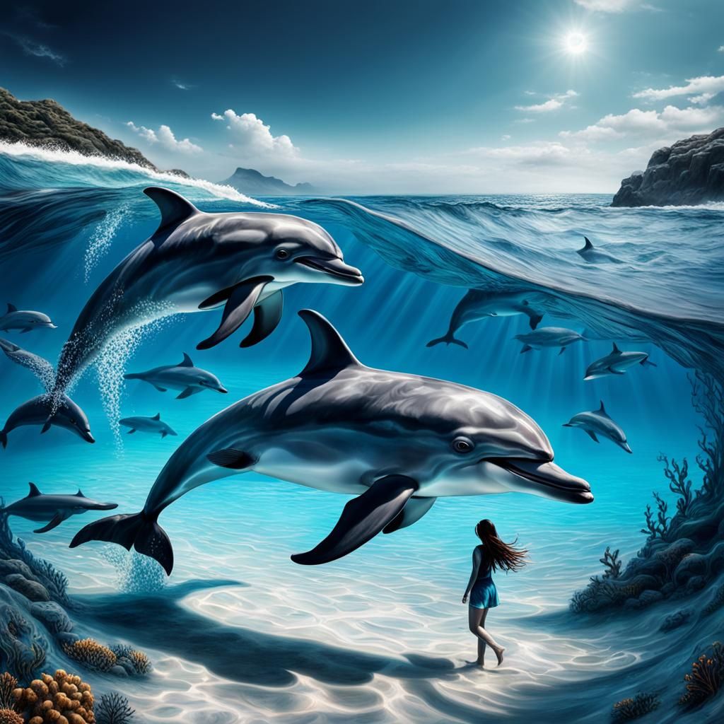  dolphin in the sea with girl beach