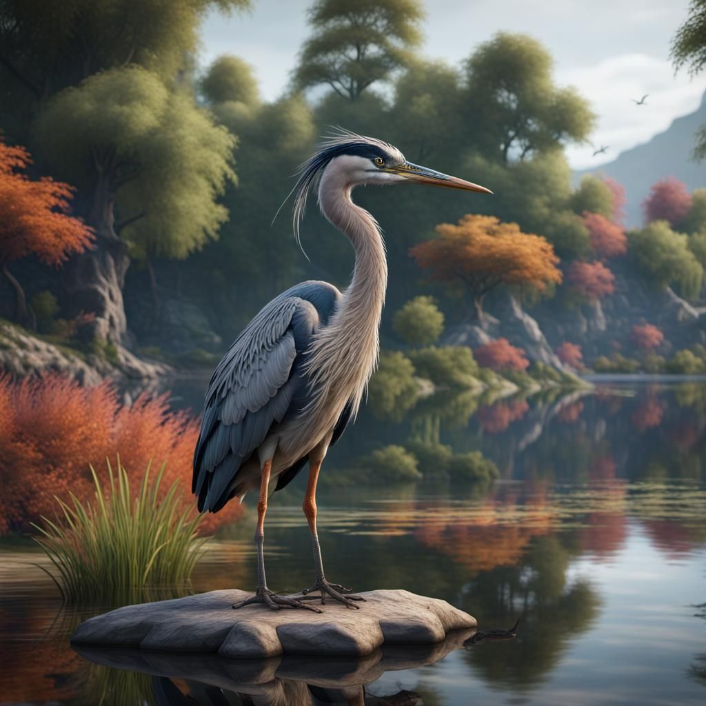 foreground view of a colorful heron looking directly into the camera, in the background a lake with lots ...  by @undefined