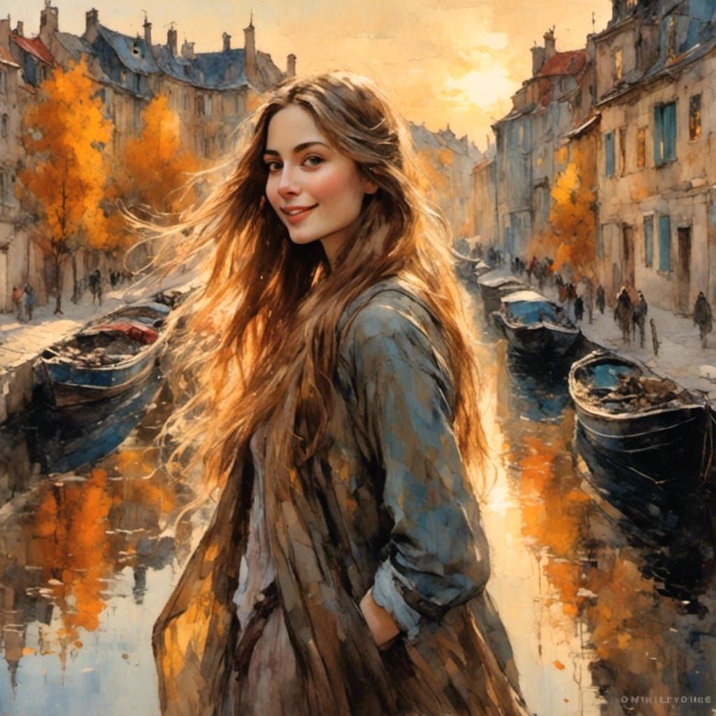 Beautiful Woman Beside Canal in Impressionist Oil Painting