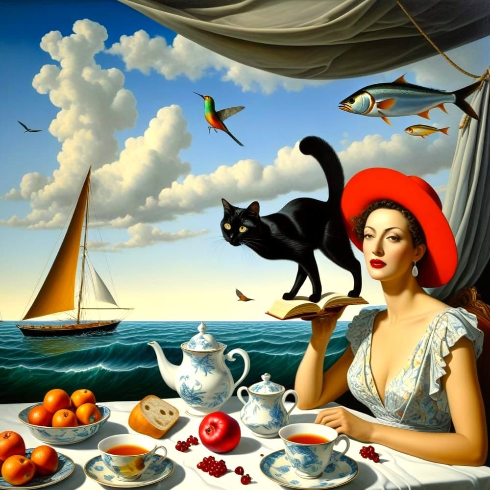 Surrealistic Portrait of a Happy Lady in a Fantastical Scene