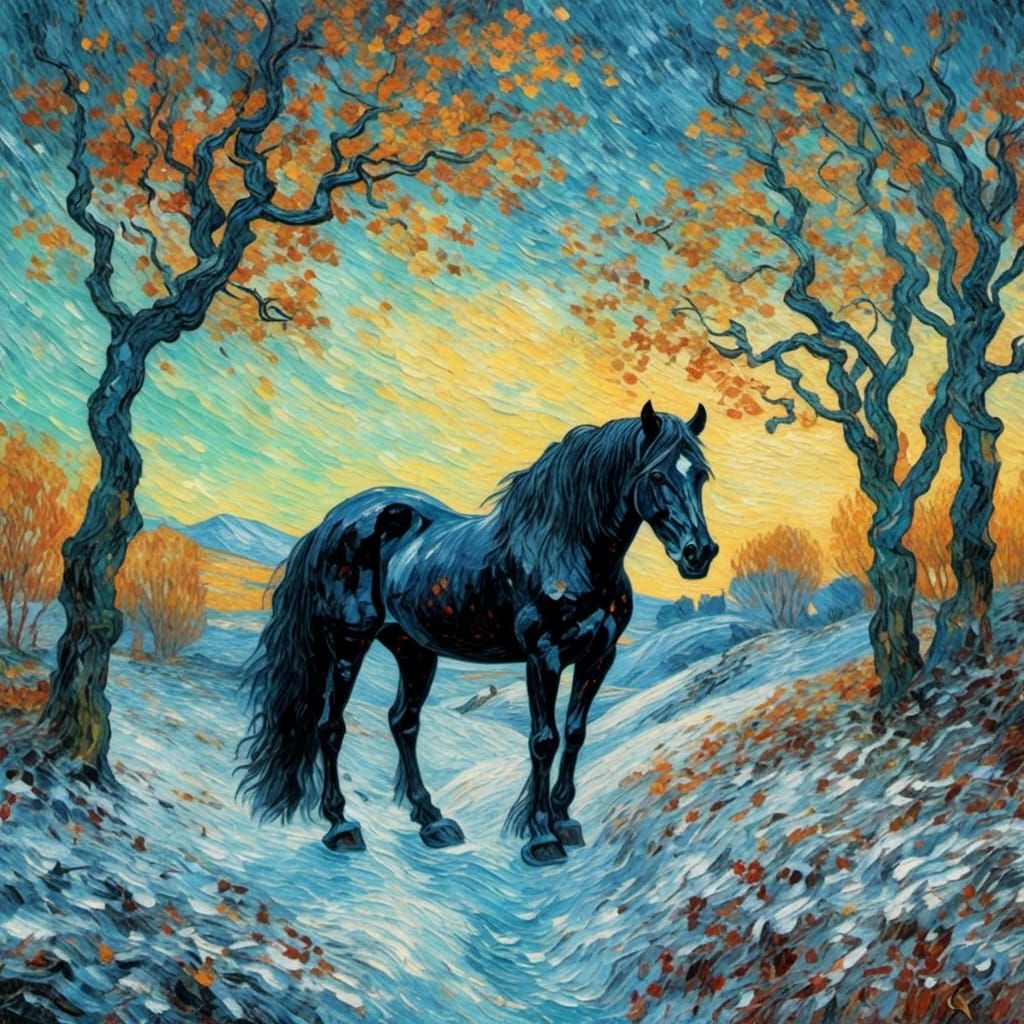 <lora:Van-Mo:1.0> A impressionist painting masterpiece of a black horse in a frosty glen