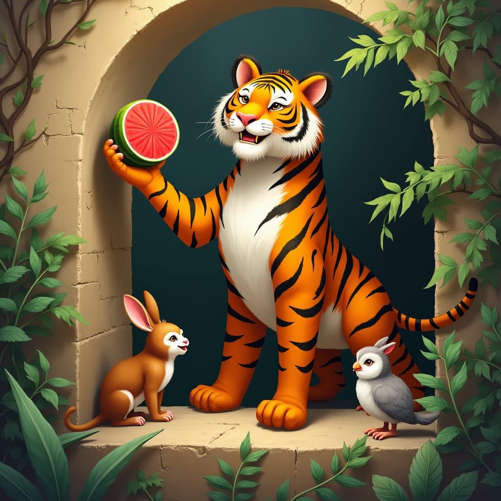 A tiger holds a circle and a watermelon and a wall and has a...