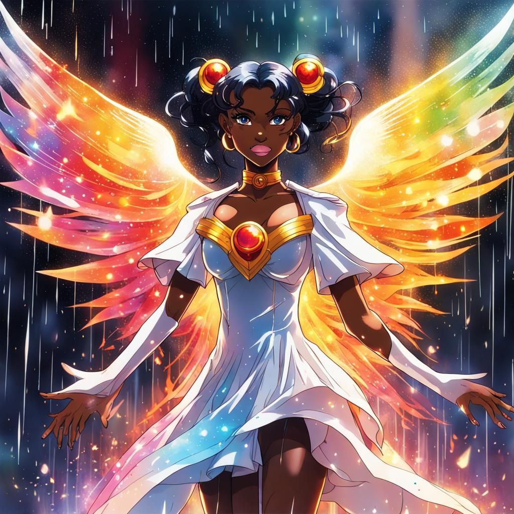 "Beautiful ebony Sailor moon under a cristal rain with a bea...