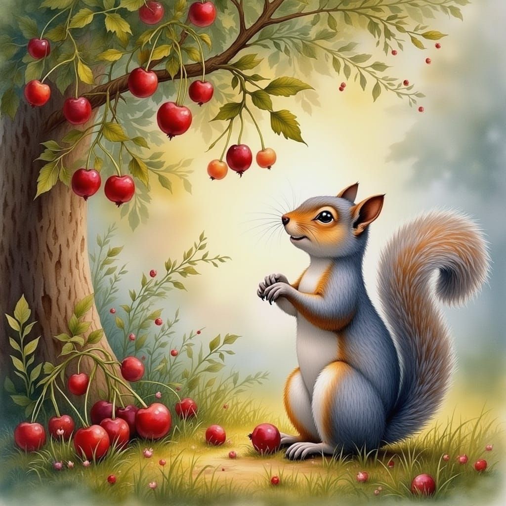 One Gray squirrel while searching for acorns sees the wild cherries  