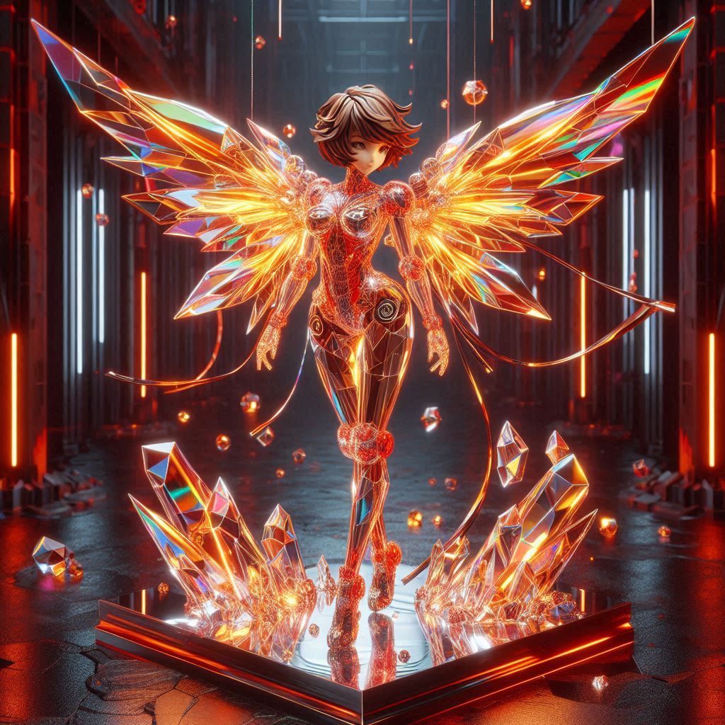 A glass crystal sculpture of a hajime sorayama 80s retro fut...