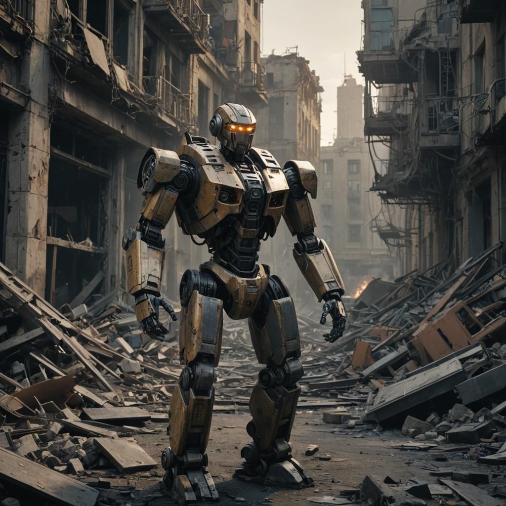 Robot in Ruined Cityscape: Grimdark Cinematic Still
