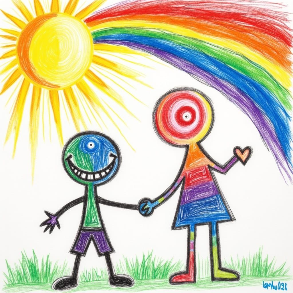 <lora:Crayon Doodles 2:1.0> Kid's drawing of friendship
