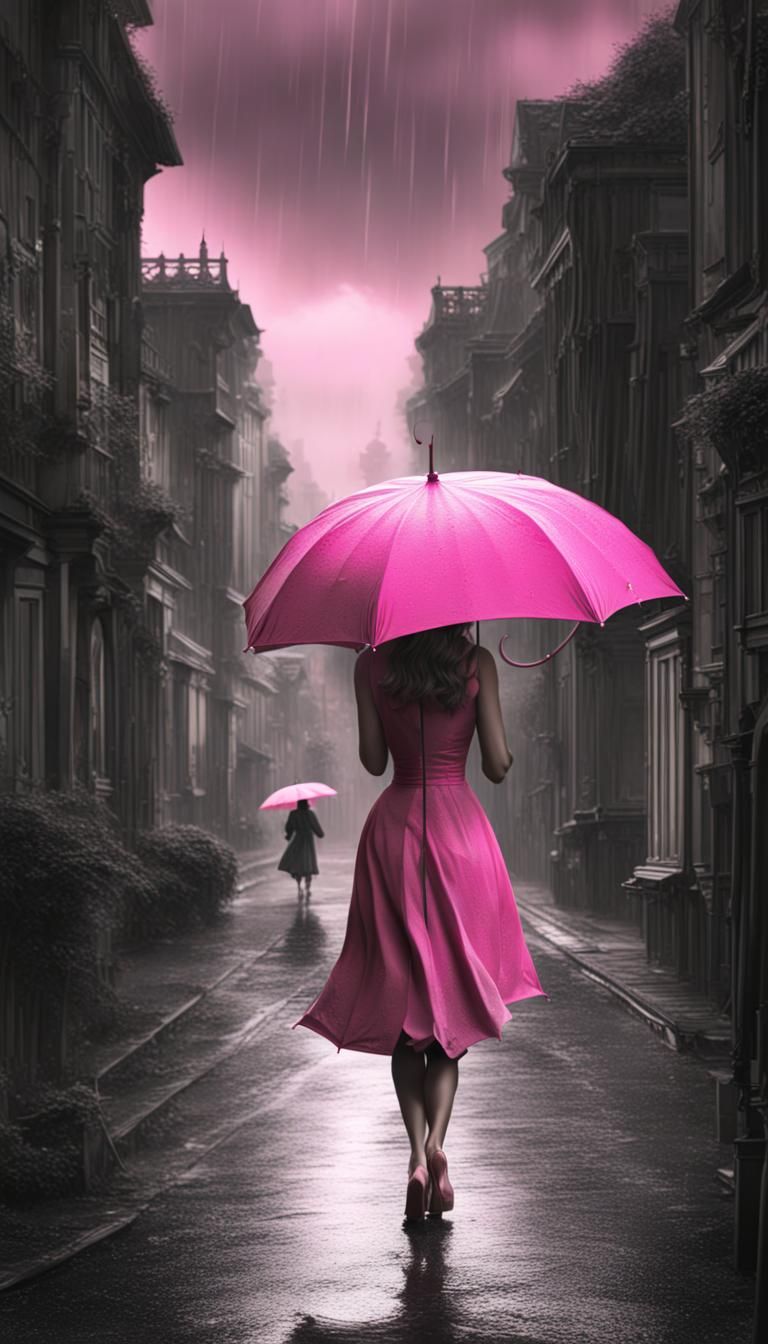 A black and white illustration of a beautiful lady in a pink dress  and pink umbrella walking in the ...  by @Maria