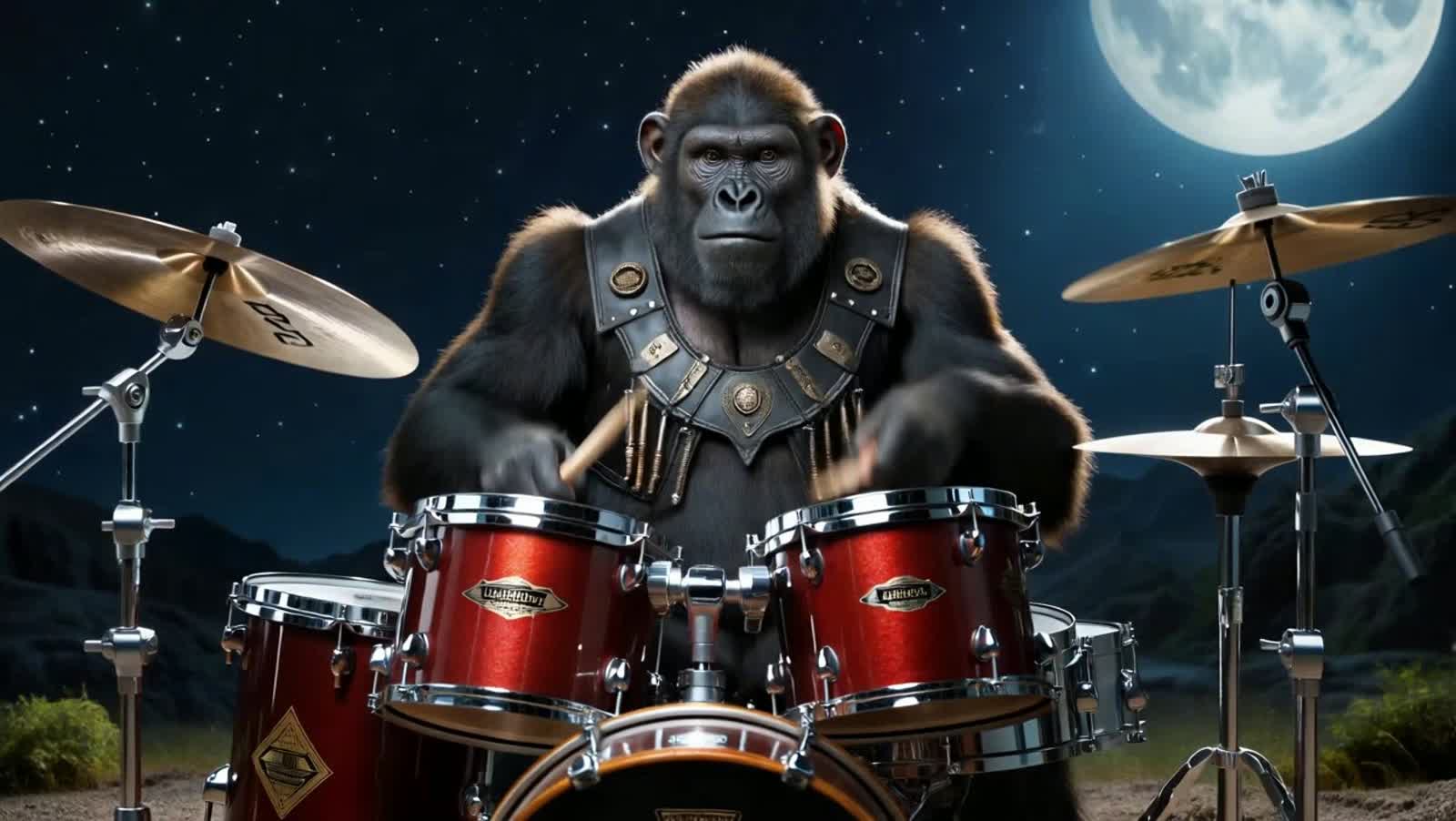 A GORILLA PLAYING DRUMS TO A HEAVY METAL SONG UNDER A FULL MOON IN A STARLIT SKY